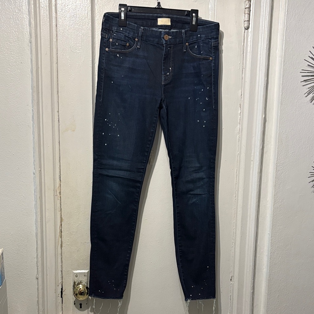 MOTHER Women's Skinny Jeans in Dark Wash with Paint Splatter